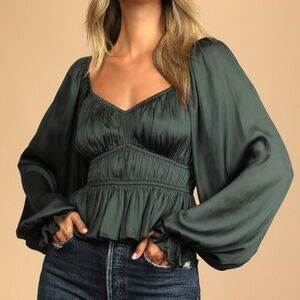 Sophisticate Dark Green Satin Ruched Long Sleeve Top